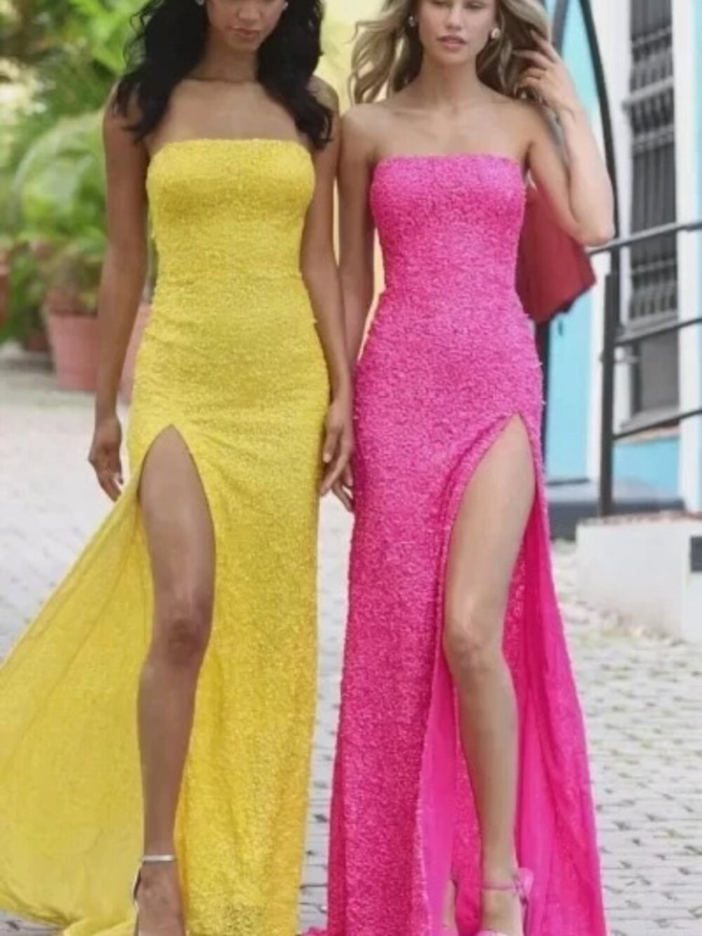 Sherri Hill Neon Pink Strapless Sequin High Side Slit Dress